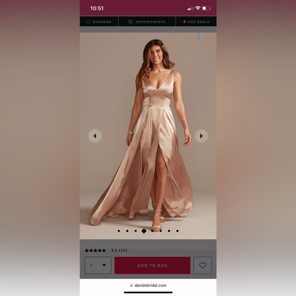 David’s Bridal Bridesmaid Dress GALINA SIGNATURE Charmeuse tank v-neck slit SAND